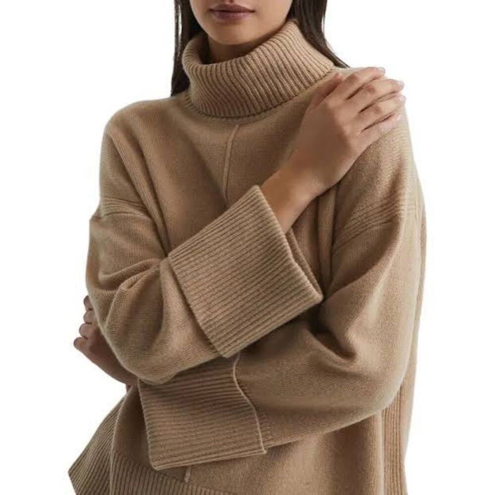 REISS Sarah Camel Wool Cashmere Turtleneck Sweater XS Oversized Chunky Luxury